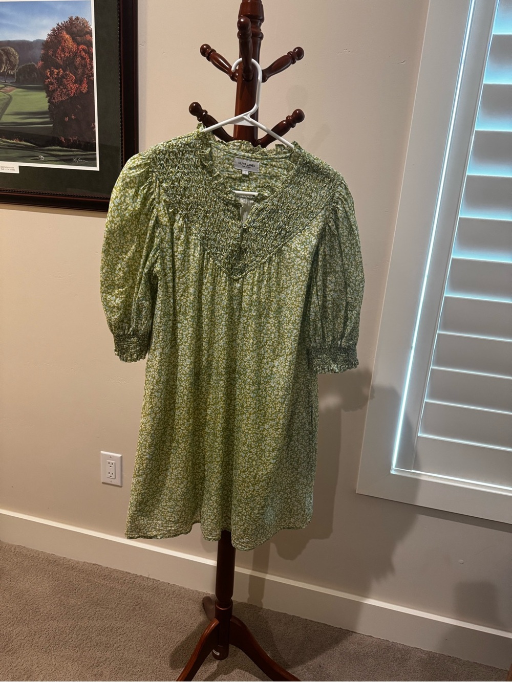 Smocked Green Floral V-Neck Tunic Dress